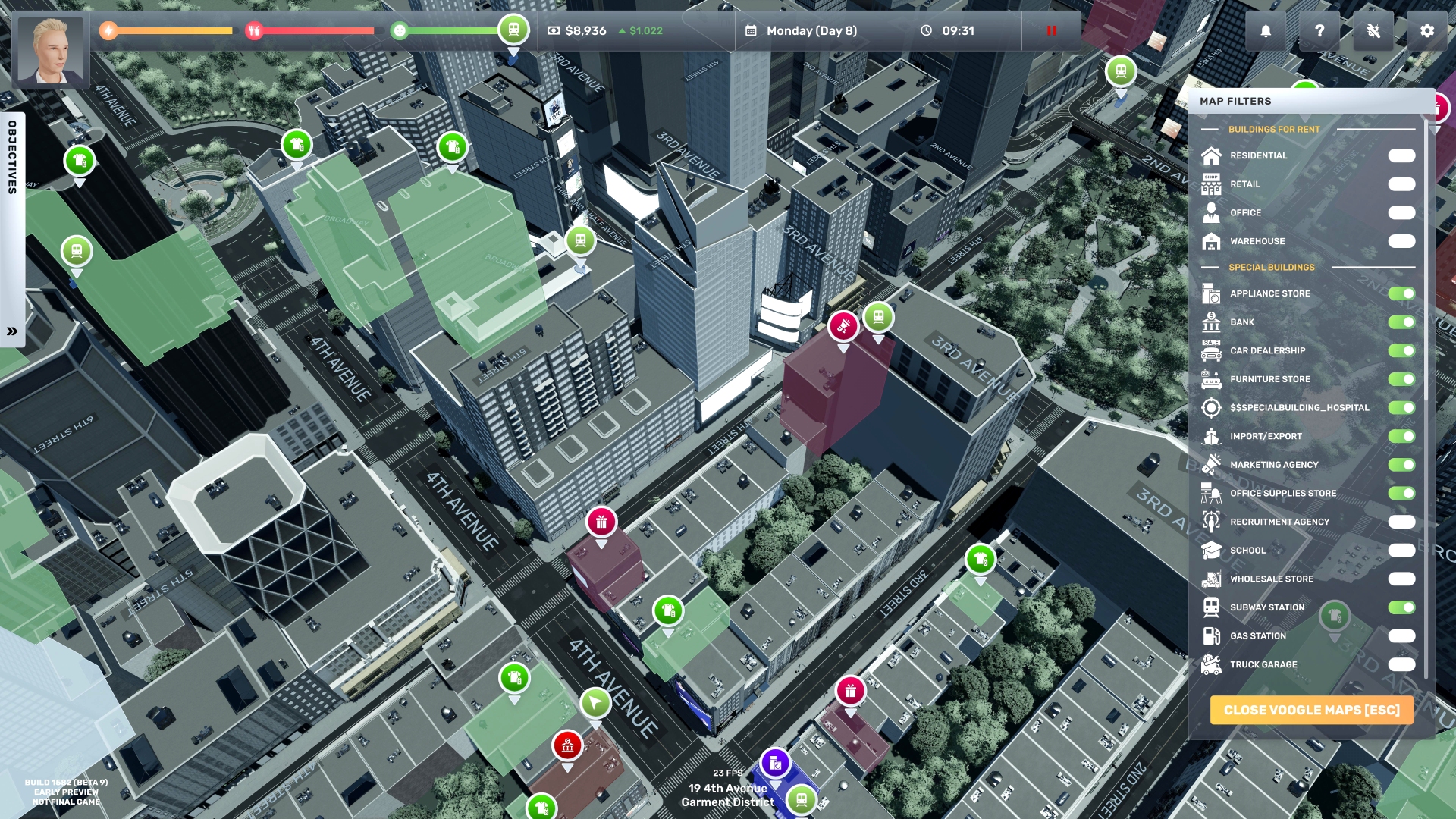 The player travelling through the city