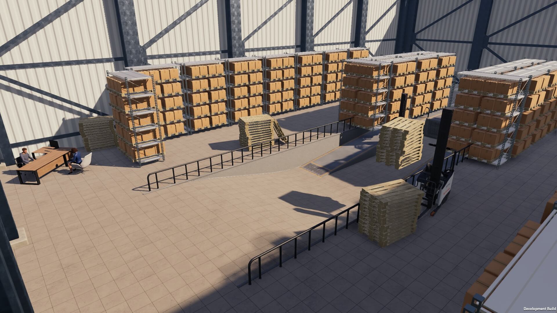 A warehouse with pallet storage and forklifts